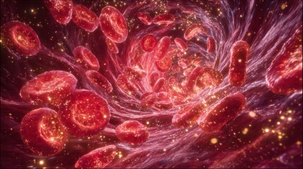 High-detail 3D medical illustration showing red blood cells traveling through a blood vessel, surrounded by plasma and microscopic particles in a dynamic vascular environment.