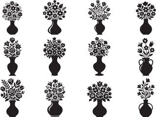 Vase with Flowers Silhouette on White Background