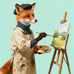 A whimsical raster illustration of an anthropomorphic fox dressed as a French artist, painting a landscape on an easel with a palette and brush.