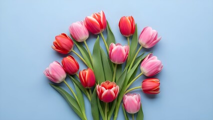 Obraz premium A bunch of red and pink tulips are arranged on a soft blue background.