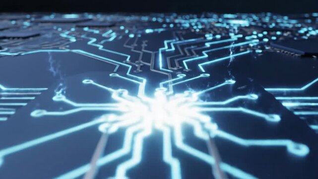 Futuristic Circuitry Lights Across Blue Digital Landscape.