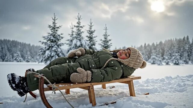 Winter Traveler Resting on Snowy Sled Bench.