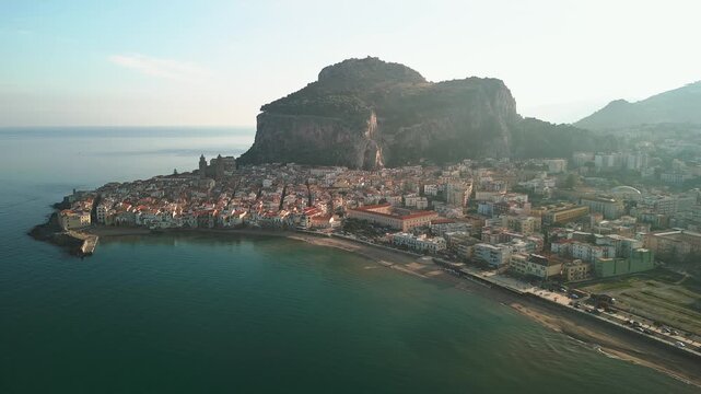Cefal&ugrave;, Sicily, aerial drone video. Cefal&ugrave; beach, cathedral and medieaval Town. High quality 4k footage 