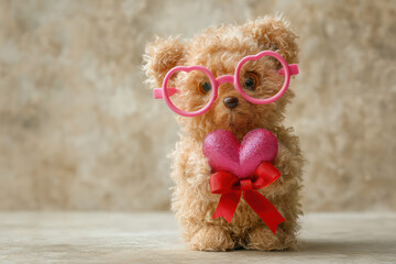 Cute Teddy Bear Wearing Pink Glasses with Heart on Valentines Day
