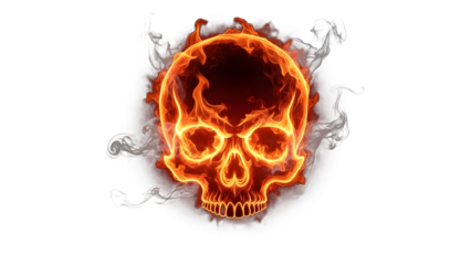 Flaming skull with glowing orange flames and smoke on transparent background isolated on transparent background, high quality cutout image