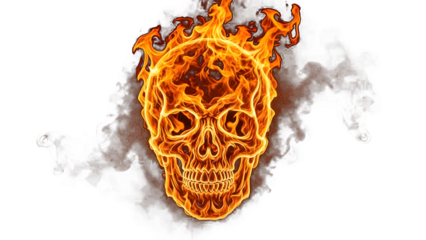 Flaming skull with glowing orange flames on transparent background isolated on transparent background, high quality cutout image