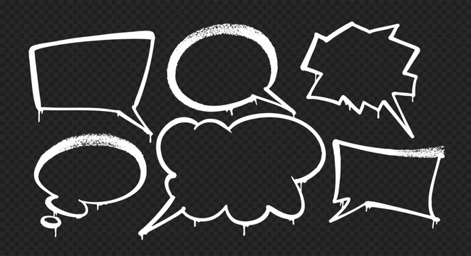 Set of graffiti speech bubbles in spray paint style. Vector illustrations on a black background.