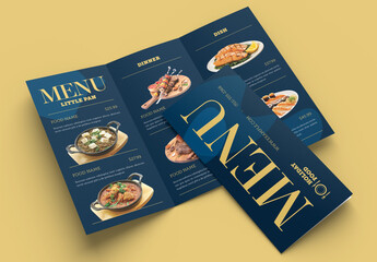 Food Menu Trifold Brochure Layout with Blue Accents