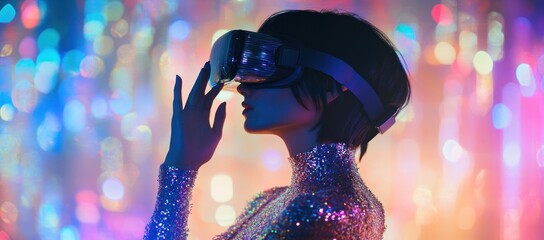 Immersive Experience: Woman Exploring Virtual Reality with Glitzy Flair and Festive Backdrop