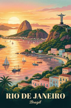 Sugarloaf and Christ Redeemer Retro Brazil Travel Poster