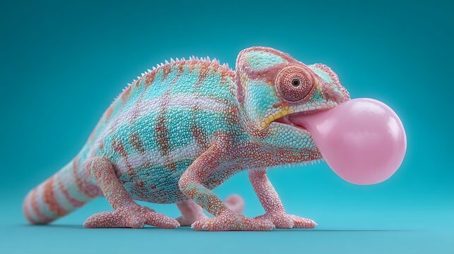 A vibrant, detailed illustration featuring a chameleon blowing a bubblegum bubble against a teal backdrop - Powered by Adobe