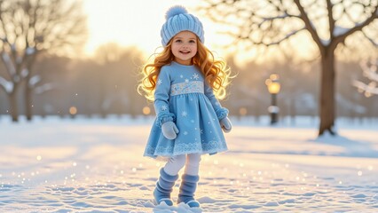 young girl probably around years old standing snowy field she wearing blue dress white snowflakes matching hat pom pom top she has long blonde hair smiling camera background blurred appears park park
