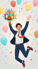 young man blue suit red tie jumping air big smile his face holding bouquet colorful flowers his hand his right hand raised celebration background filled colorful balloons confetti creating festive