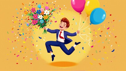 young man blue suit red tie jumping air bunch colorful balloons his hand holding bouquet flowers his hand has big smile his face background bright yellow color small confetti scattered around