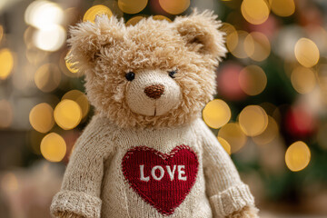 Teddy Bear with Red Heart in Front of Christmas Tree