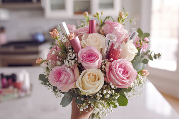 Hand holding bouquet of pink and white roses with lipsticks