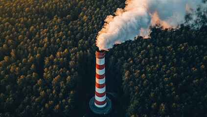 Industrial impact with towering chimney against a dense forest landscape