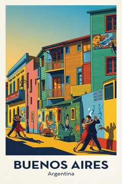 Vintage Travel Poster of Colorful Buenos Aires Tango Scene