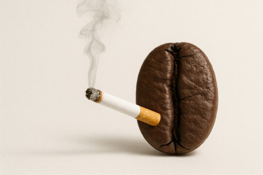 A coffee bean with a cigarette, a metaphor for addiction and bad habits. Space for text.