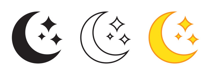 Moon and Star Icons for Night, Sleep and Bedtime Design. Solid, Line and Flat Style.