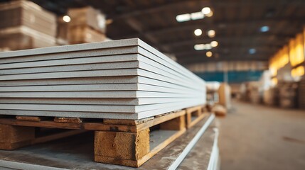 Stacked, rectangular construction materials on a wooden pallet inside a large industrial facility