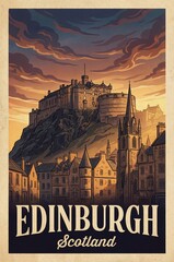 Iconic Edinburgh Castle and Old Town Scotland Vintage Travel Poster