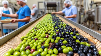 Workers sort green and black olives on a conveyor belt in a factory setting. The olives move through the production line for processing