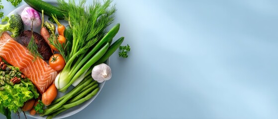 A round platter displays various foods including vegetables, fruits, grains, and fish arranged neatly at lunchtime
