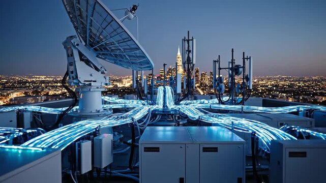 Rooftop telecommunication hub with satellite dish and glowing fiber optic cables for high speed data transmission at night