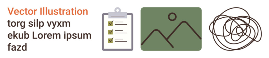 Organization, creativity, task management, brainstorming, nature, abstract thinking. A checklist clipboard, landscape icon and chaotic lines. Organization and creativity in a graphic style © robu_s