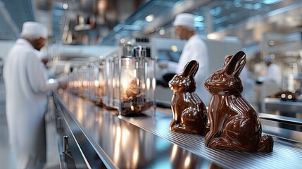 Workers shape chocolate bunnies in a factory setting with machines and tools during daylight. The atmosphere is busy