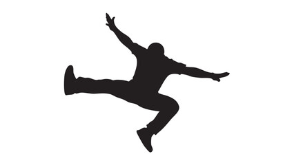 A person jumping in the air with arms outstretched and legs bent in a dynamic pose