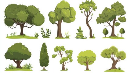 Collection of green cartoon tree illustrations for landscape design and nature projects in vector format