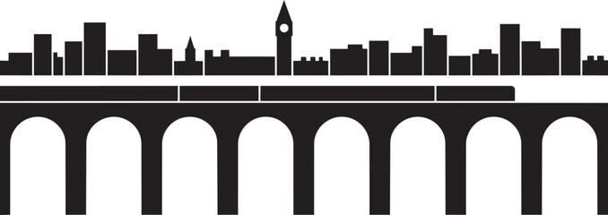 Cityscape with tall clock tower over arched viaduct structure silhouette design