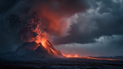 Dramatic view of an erupting volcano with fiery lava flows and ominous, stormy clouds