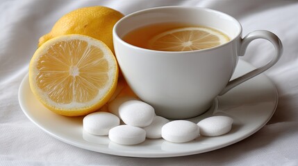 A cup with hot lemon drink sits on a plate with sugar tablets and fresh lemons beside it in a simple kitchen setting