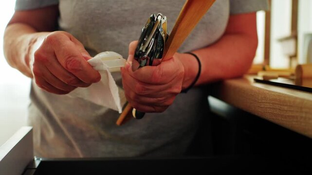 A person is cleaning kitchen tools with a cloth while organizing drawers