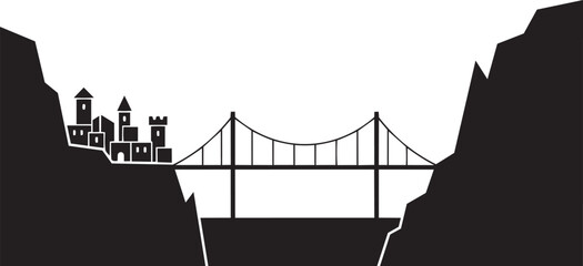 Obraz premium Suspension bridge connecting ancient castle city across deep canyon with rocky cliffs