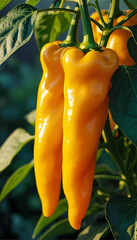 Yellow bell peppers growing on plant in garden  