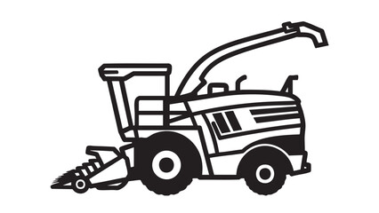 Illustration of a combine harvester in action, cutting crops in a field from a side viewpoint.