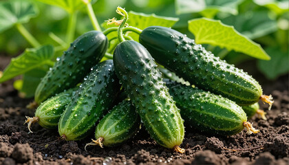 Fresh cucumbers growing in soil with green leaves in garden  