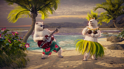 3D Render of  Romantic Polar Bears on Tropical Beach: Hawaiian Sunset Party with Guitar & Hula Dance. Perfect for Vacation, Love, Valentine's Day.