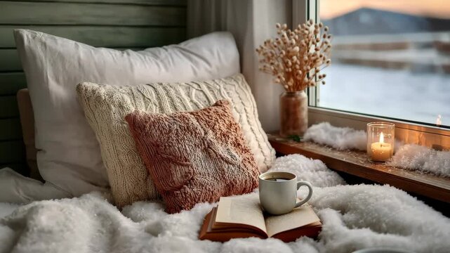 Cozy winter morning: hot drink and book by frosted window in rustic cabin