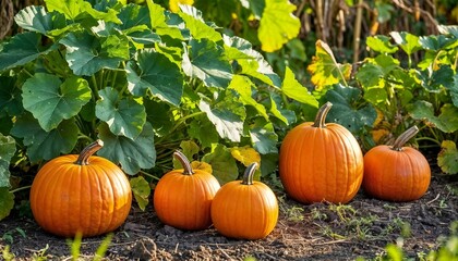 Ripe orange pumpkins growing in garden under green leaves  