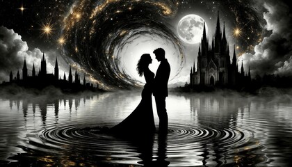 Silhouette of couple embracing in water under moonlit sky  