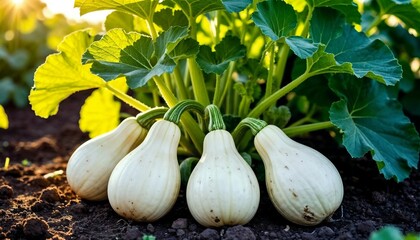 Four white squash growing on the soil in a vegetable garden  