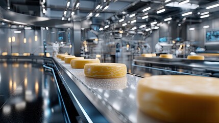 Workers are busy in a cheese production facility, managing conveyor belts with large cheese wheels at late morning hours