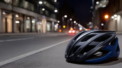 Bicycle helmet lies on the street at night while car lights shine in the distance. The city has tall buildings and a dark sky