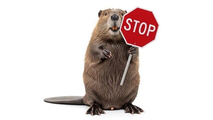 beaver holding a red stop sign, road sign, solid white background