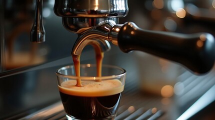A close-up of espresso pouring (in two streams) from a shiny coffee machine portafilter into a small glass cup. 